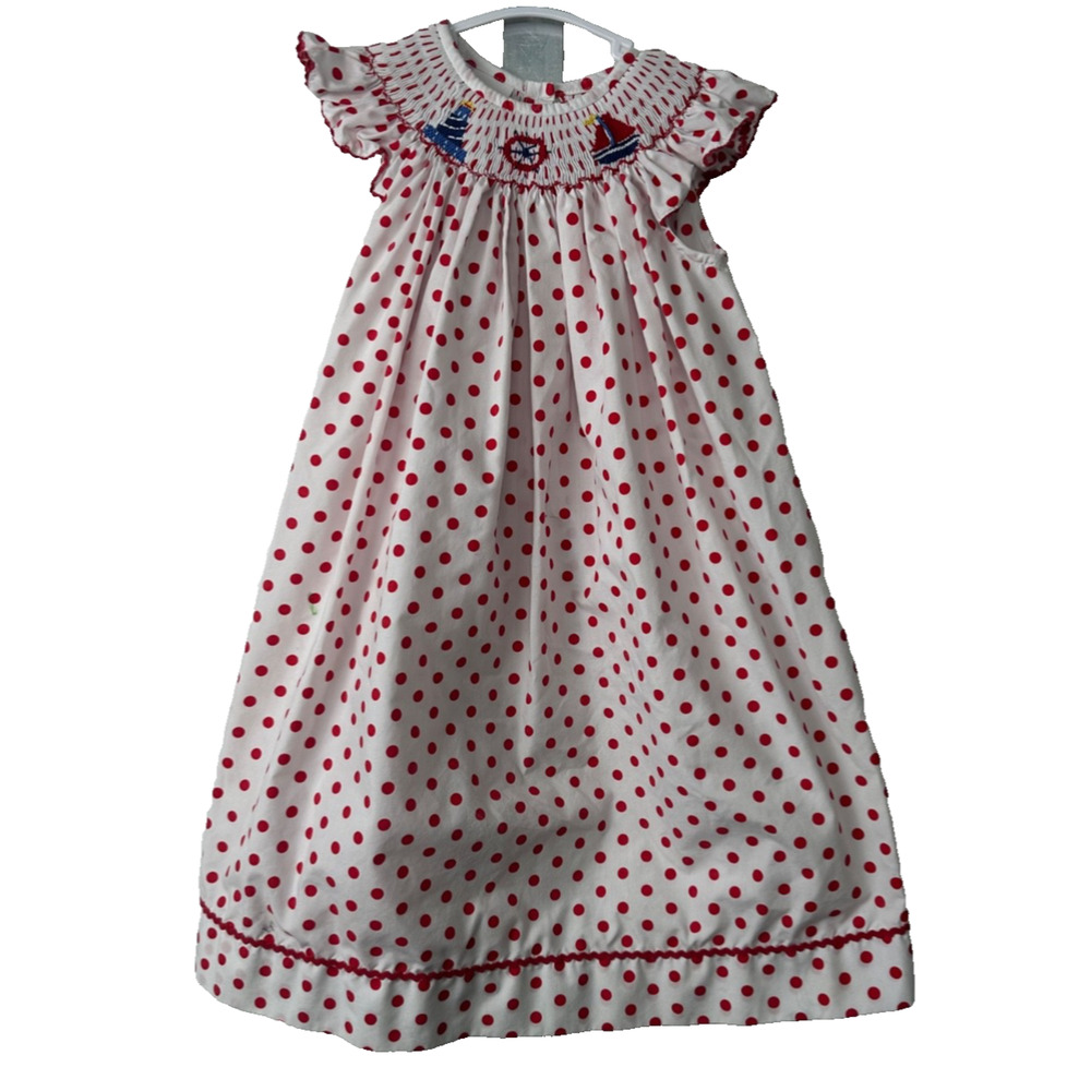 Smocked Giraffe Red White Polka Dot Dress - Size 3 Smocked Nautical Cotton D8
